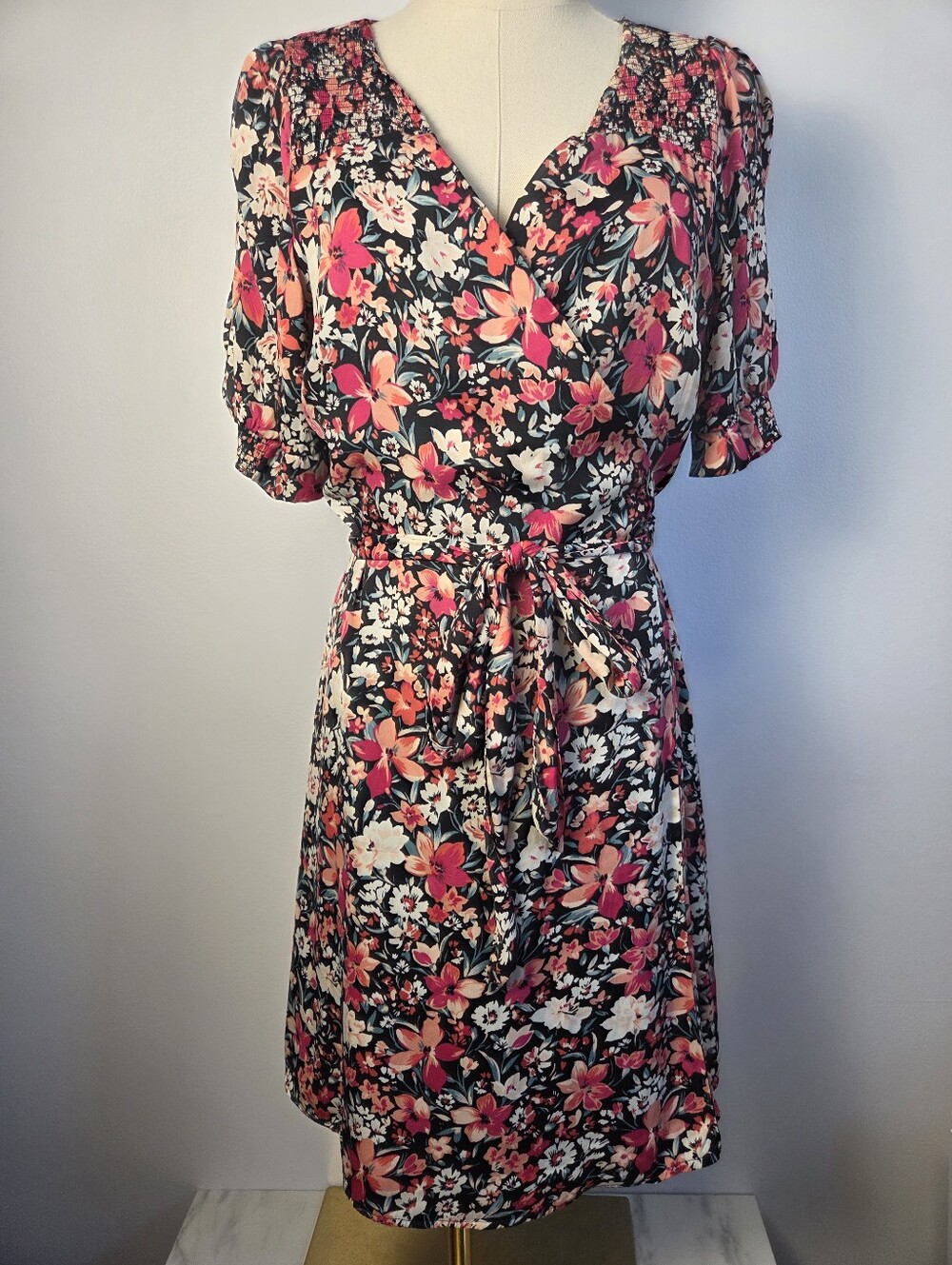 Dynamite Black Floral Wrap Mini Dress with Coral and Cream Blooms